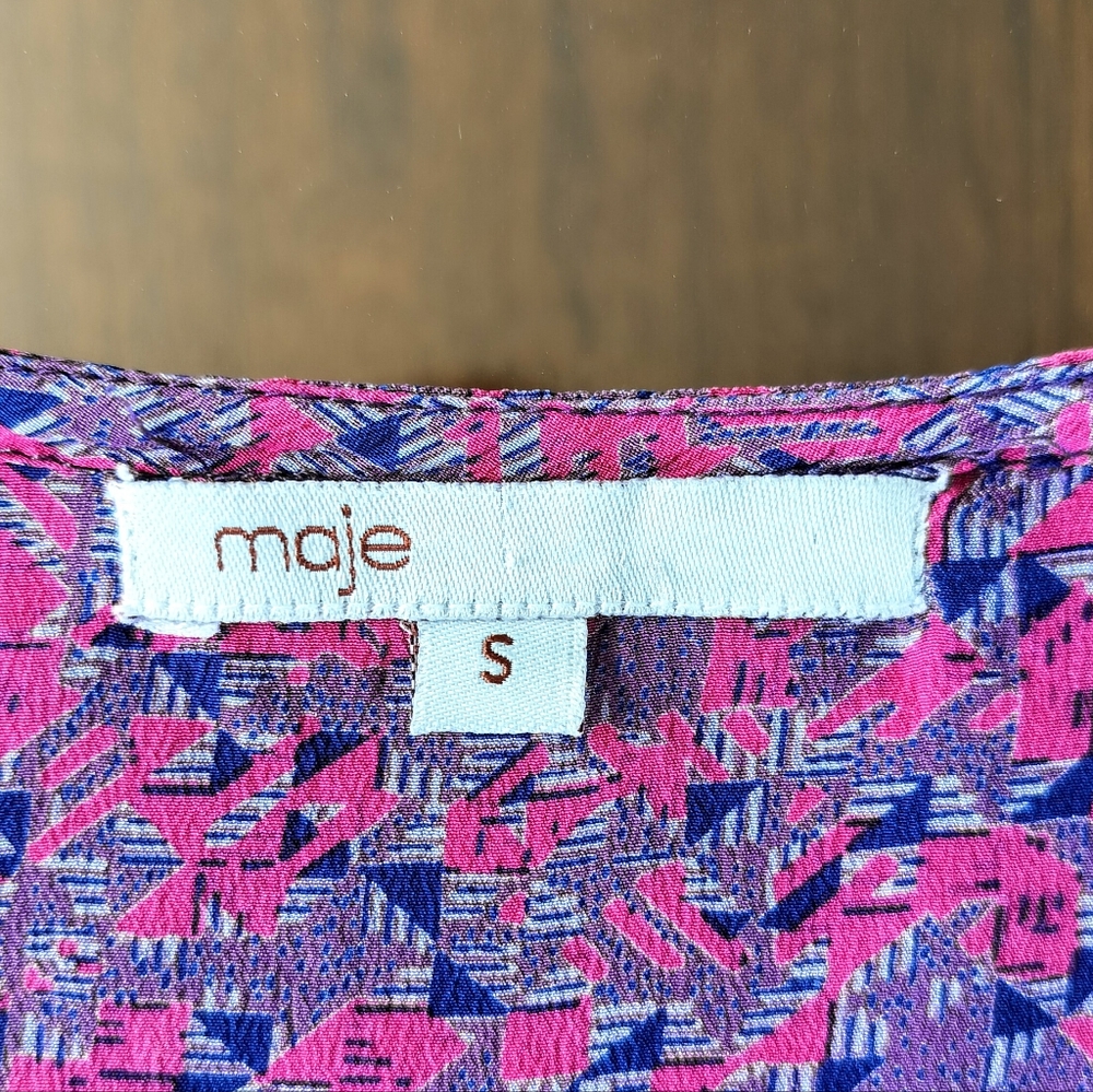 MAJE 100% Silk Sleeveless Boho Fringe Purple Pink Shift Mini Dress sz. S - Picture 3 of 7